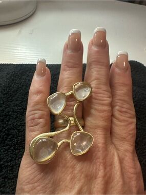 Gold-Tone Double-Finger Ring with Clear Cabochon Accents - Women Jewelry